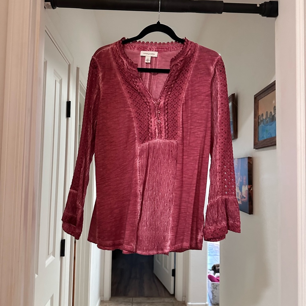 Red Ribbed Long Sleeve Mandarin Collar Blouse